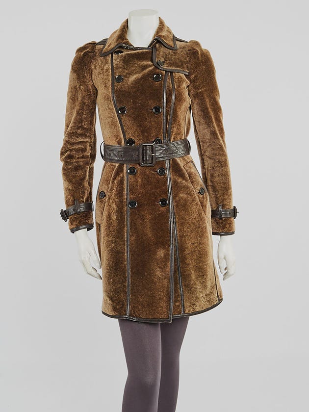 Burberry Black Leather and Brown Shearling Trench Coat Size 2/36