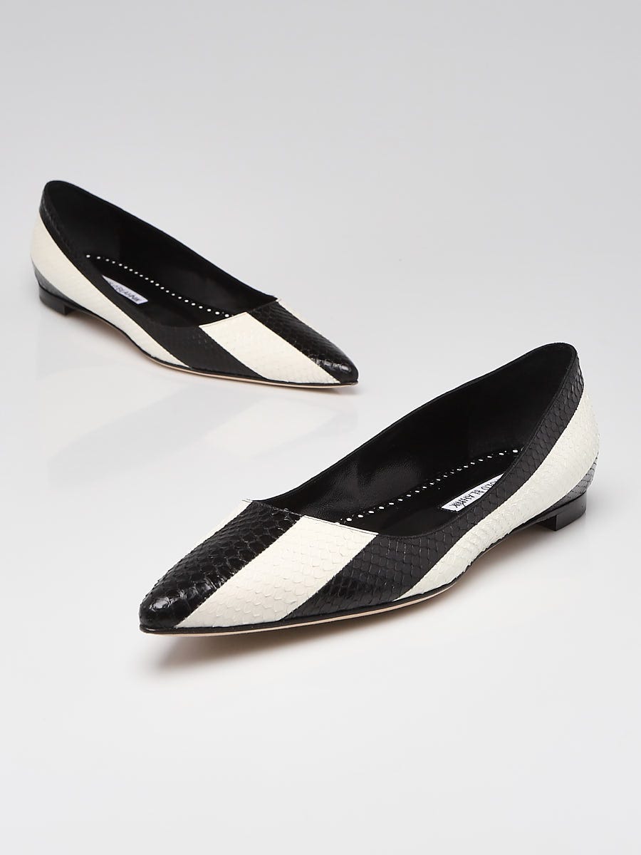 Manolo Blahnik Black/White Striped Snakeskin BB Flats Size 7/37.5