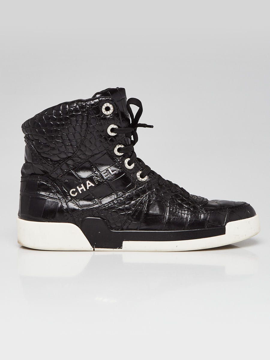 Chanel Black Crocodile Embossed Leather and Pearl Logo High Top
