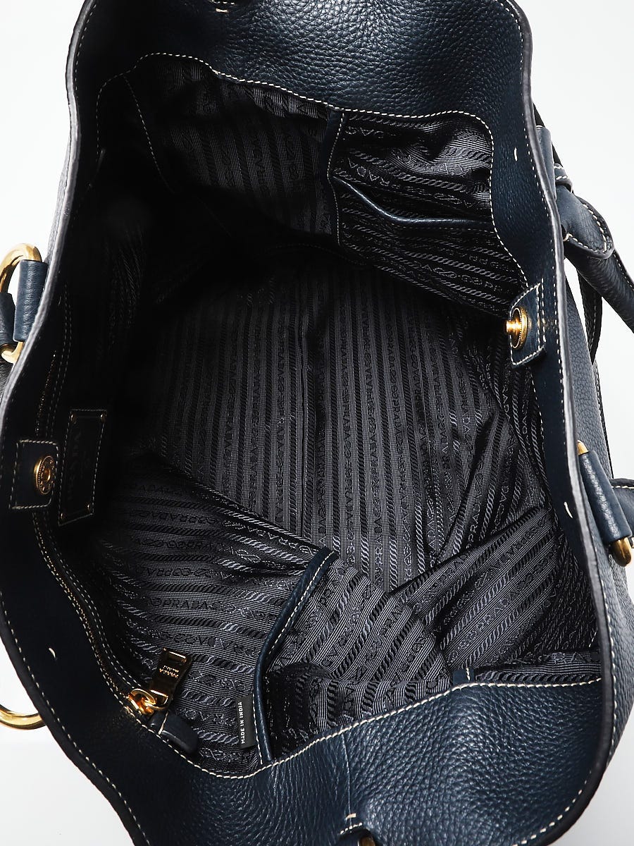 Prada Denim Blue Vitello Daino Leather Large Shopping Tote Bag