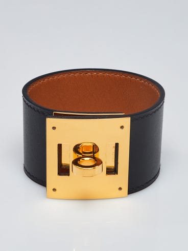 Hermes Black Swift Leather Gold Plated Kelly Dog Bracelet
