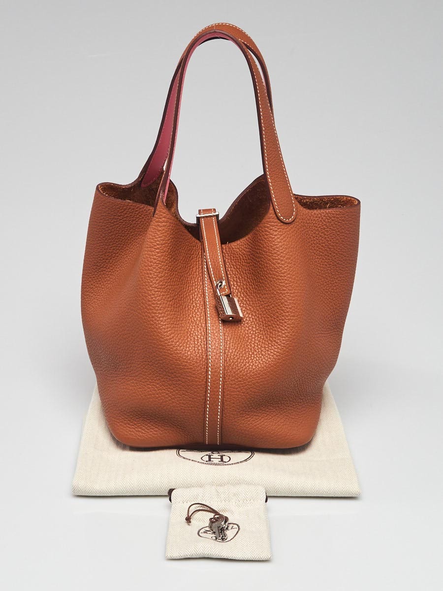 Hermes 22cm Bi-Color Toffee/Bordeaux Clemence and Swift Leather Palladium  Plated Picotin Bag - Yoogi's Closet