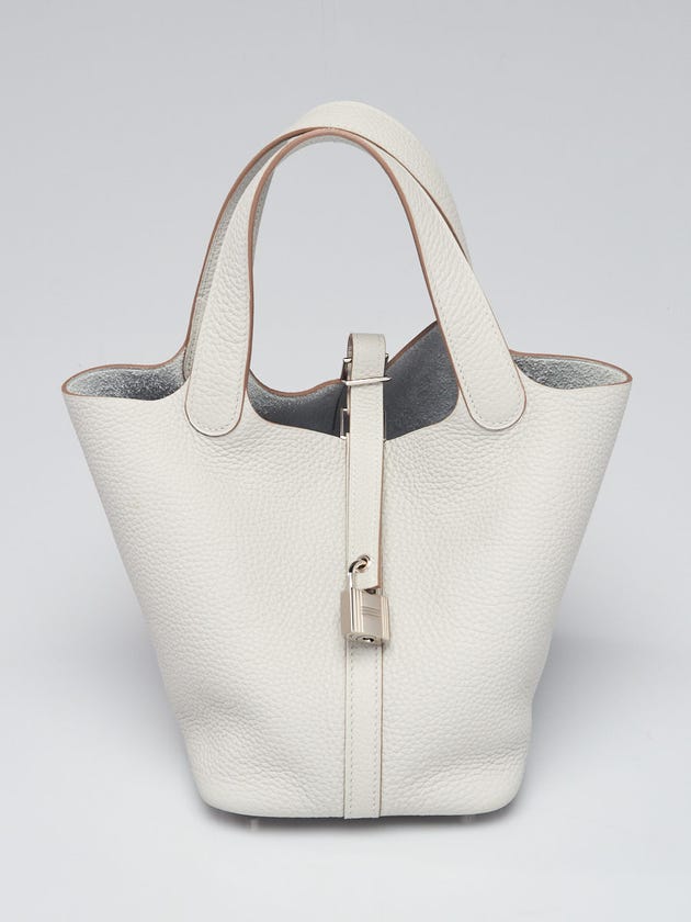 Hermes 18cm Blue Brume Clemence Leather Palladium Plated Picotin Bag