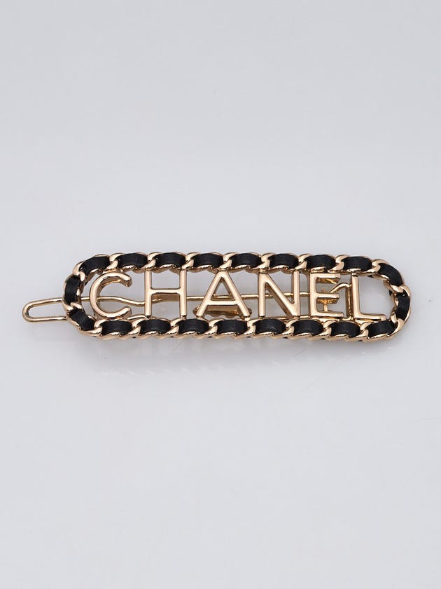 Chanel Goldtone Metal and Black Lambskin Leather Allure Logo Hair Clip