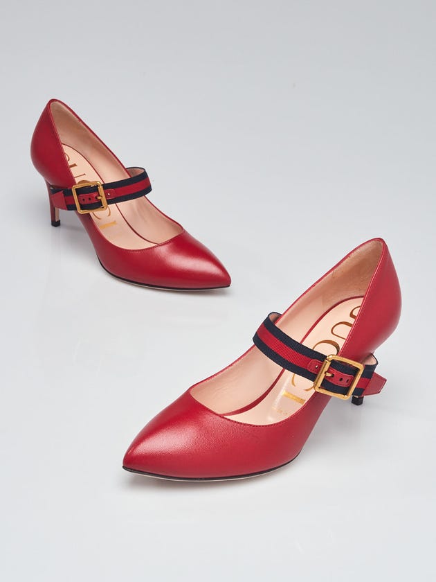 Gucci Red Leather Sylvie Vintage Web Strap Pumps Size 5.5/36