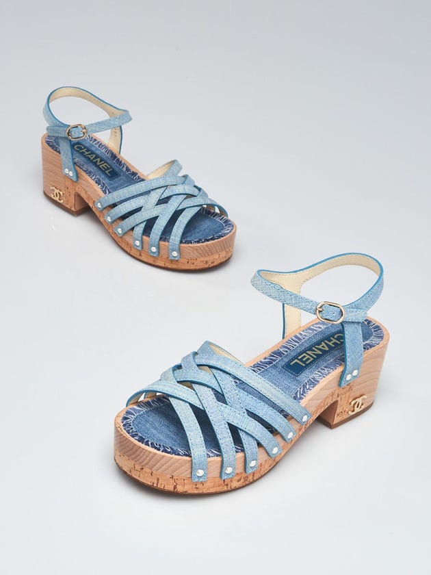 Chanel Blu Denim Fantasy Pearl Ankle Strap Buckle Sandals Size 6.5/37