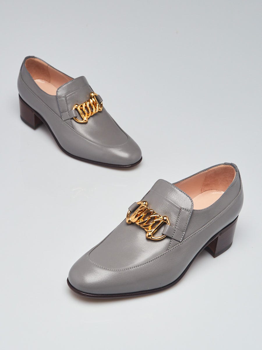 Gucci Grey Leather Horsebit Chain Mid-Heel Loafers Size 7/ - Yoogi's  Closet