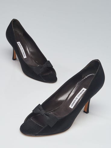 Manolo Blahnik Black Satin Bow Peep Toe Pumps Size 9/39.5