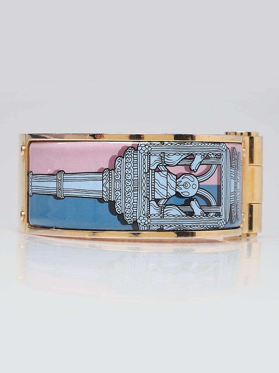 Hermes Pink/Blue Unicorn Print Enamel Gold Plated Charniere Wide