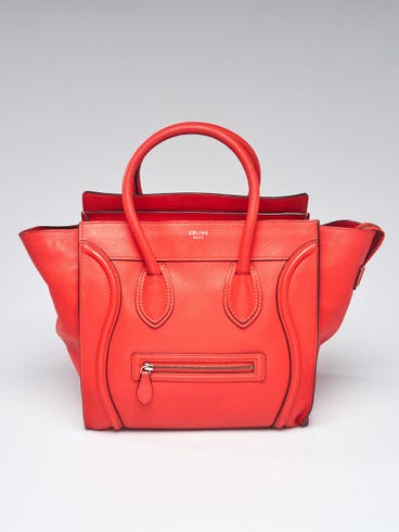 Celine Red Drummed Calfskin Leather Mini Luggage Tote Bag