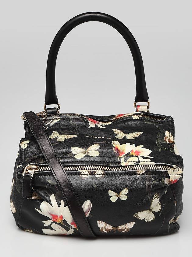 Givenchy Black Lambskin Leather Magnolia Print Small Pandora Bag