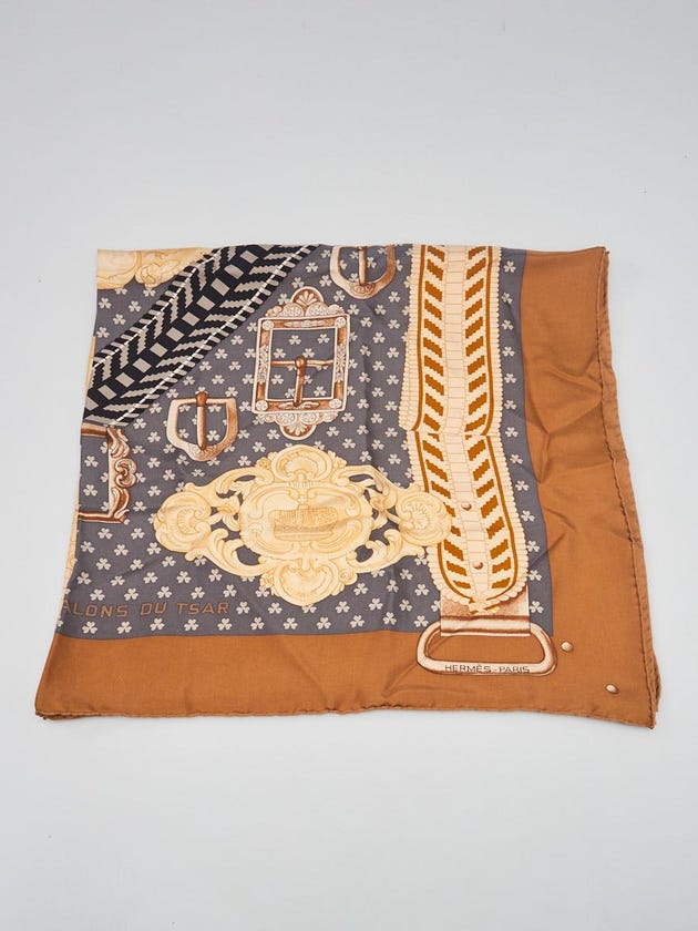 Hermes 90cm Light Brown/Blue Silk Boucles et Galons du Tsar Square Scarf