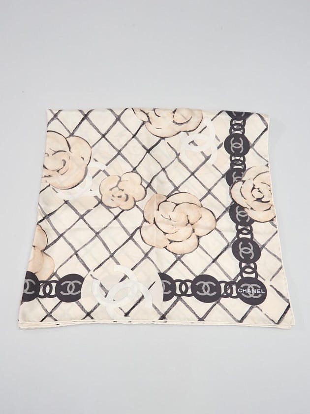 Chanel Grey/White Silk Camellia Logo Print CC Square Scarf