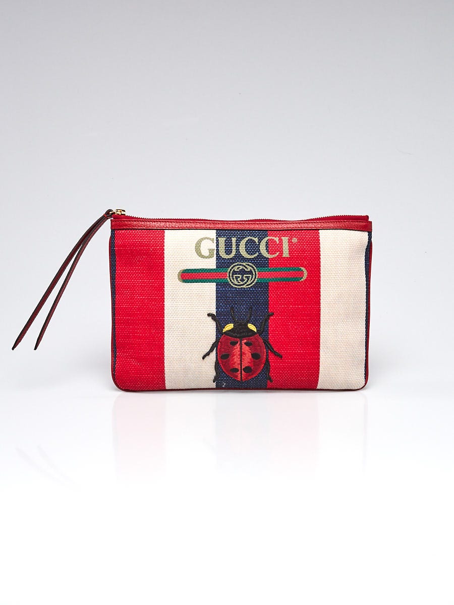 Gucci Red/White/Blue Striped Canvas Ladybug Merida Pouch Bag