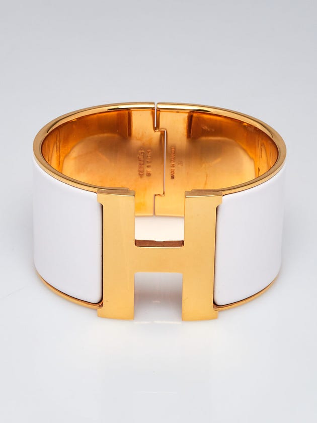 Hermes White Enamel Gold Plated Clic H GM Extra Wide Bracelet