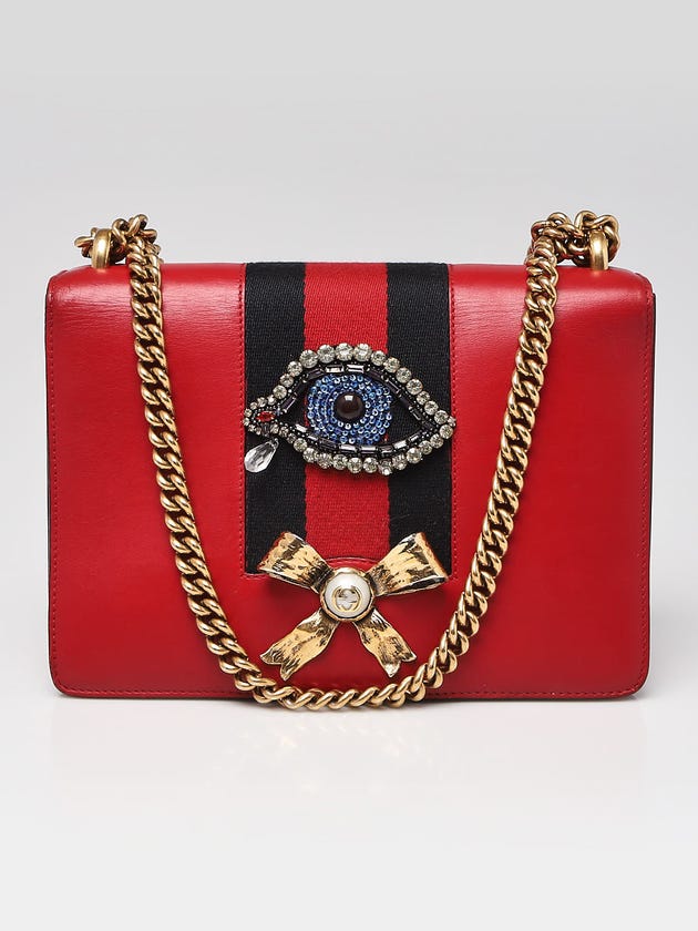 Gucci Red Leather Peony Medium Eye Chain Shoulder Bag