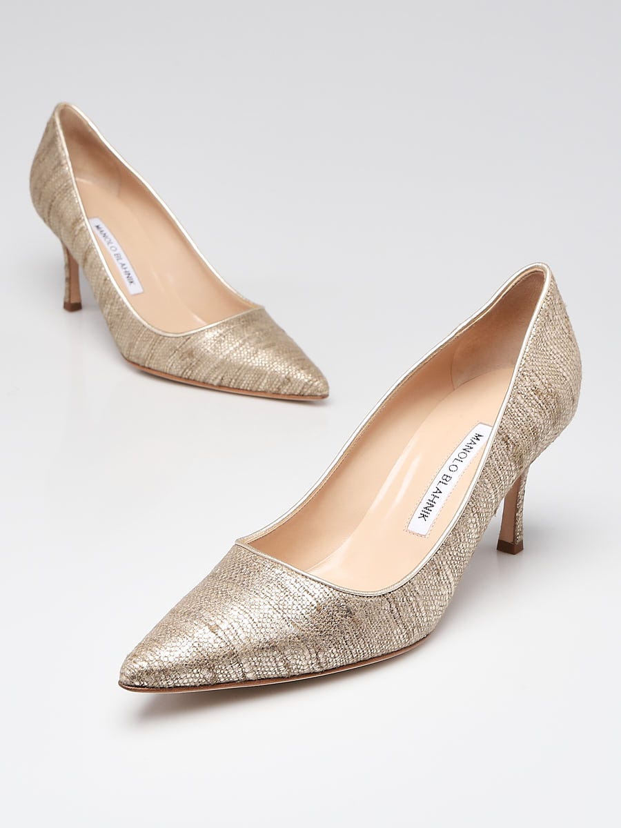 Manolo Blahnik Gold Fabric Newcio 70 Pumps Size 8/38.5 - Yoogi's