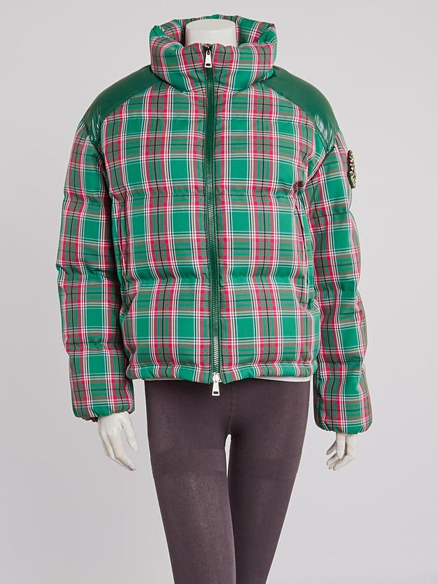Moncler Pink/Green Plaid Polyester Quilted Down Puffer Jacket Size 1/S