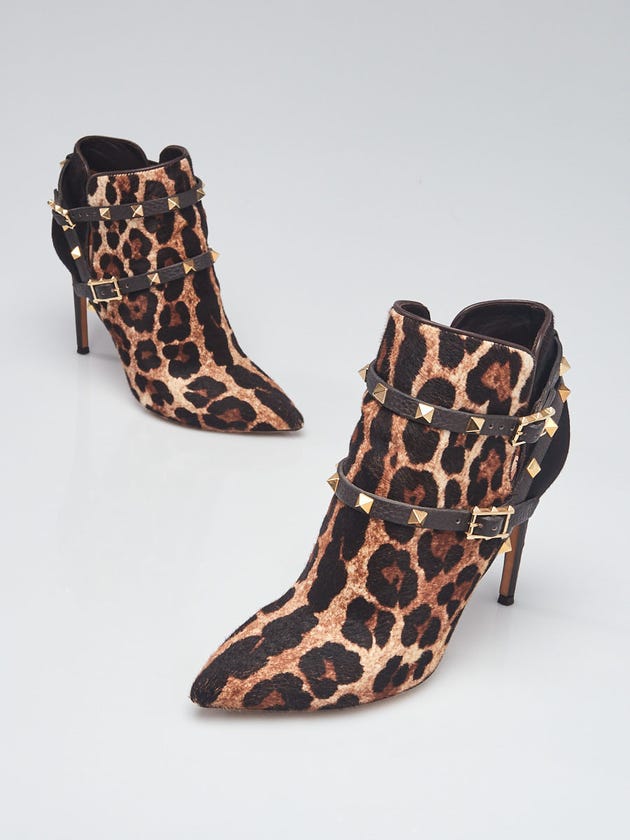 Valentino Leopard Print Pony Hair and Leather Rockstud Ankle Boots Size 8/38.5