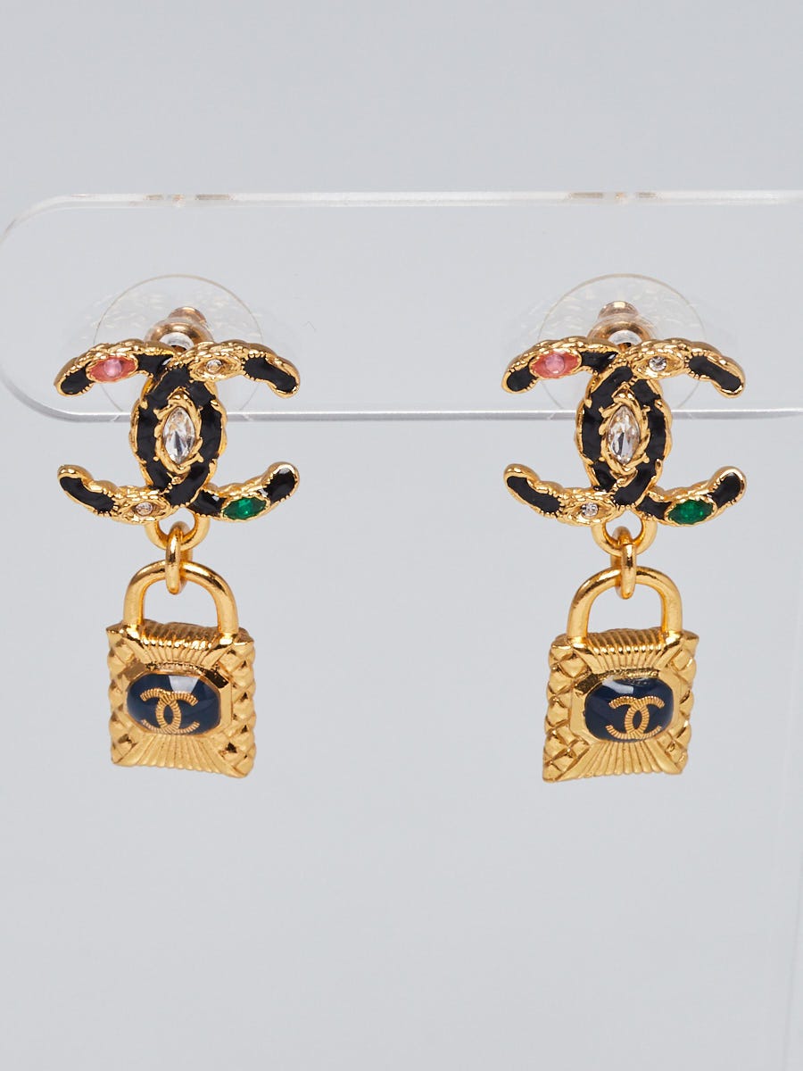 Chanel Goldtone Metal Crystal and Resin Padlock CC Drop Earrings