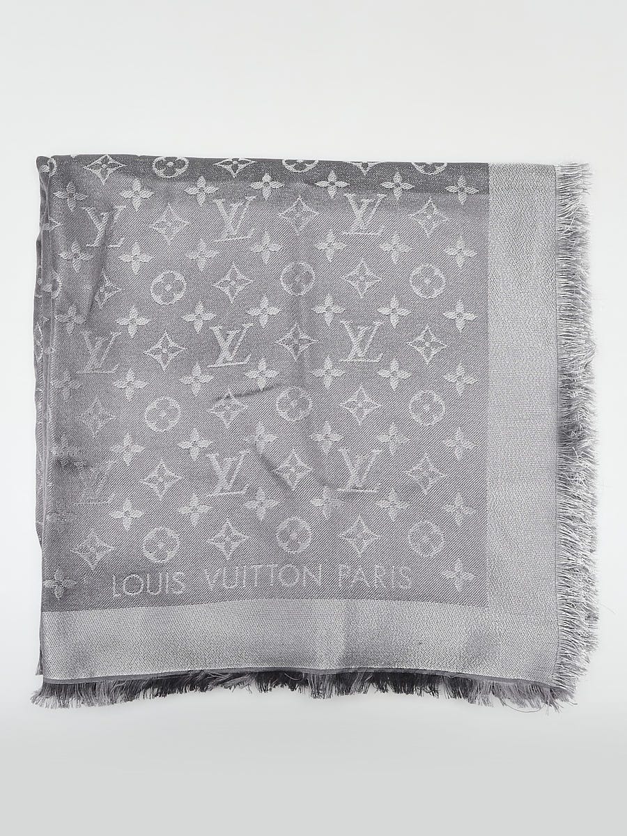 Louis Vuitton Long Scarf Monogram pattern Silver Gray Silk