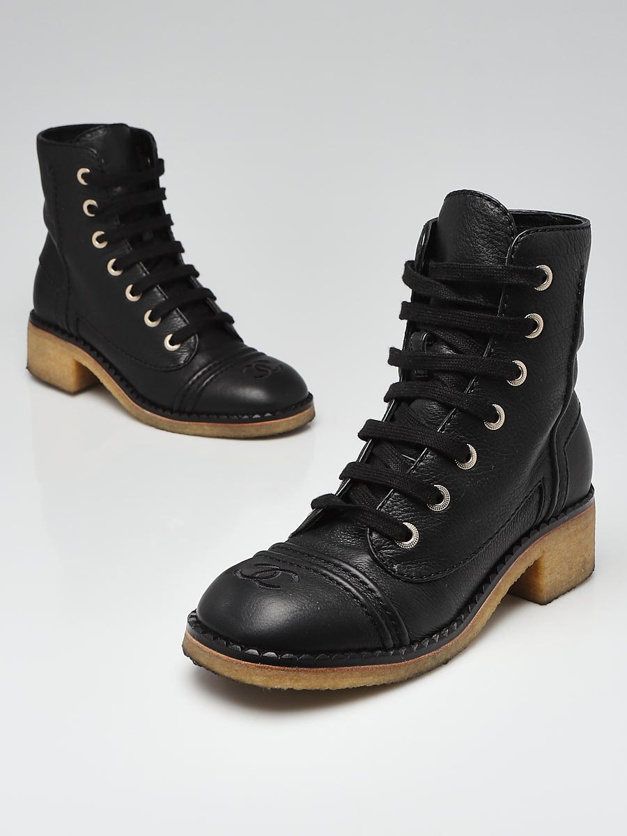 Chanel Black Pebbled Leather Lace Up CC Ankle Boots Size 6/36.5 - Yoogi's  Closet
