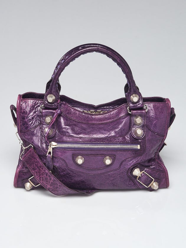 Balenciaga Violet Lambskin Leather Giant 21 Silver Motorcycle City Bag