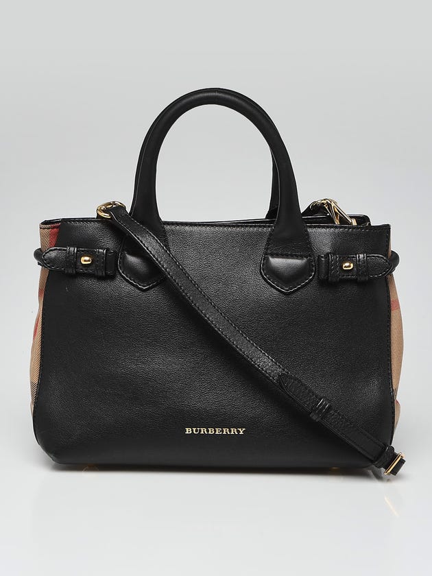 Burberry Black Leather House Check Small Banner Tote Bag