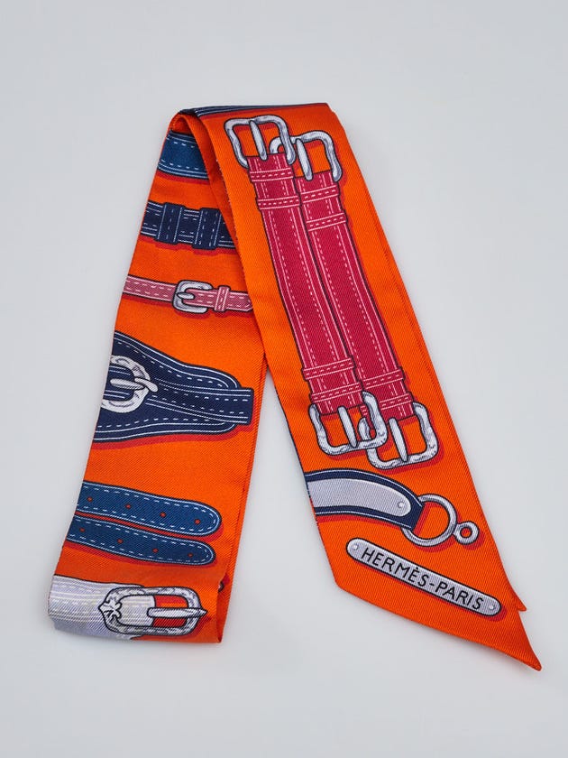 Hermes Orange/Brun/Caramel Carre Silk Print Twilly