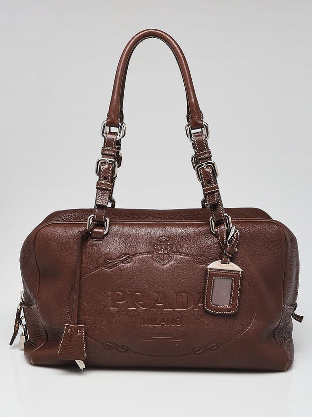Prada Brown Vitello Daino Leather Logo Embossed Satchel Bag