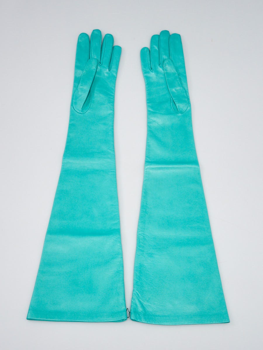 Gucci Turquoise Blue Tulle Floral Lace G Logo Gloves Size L