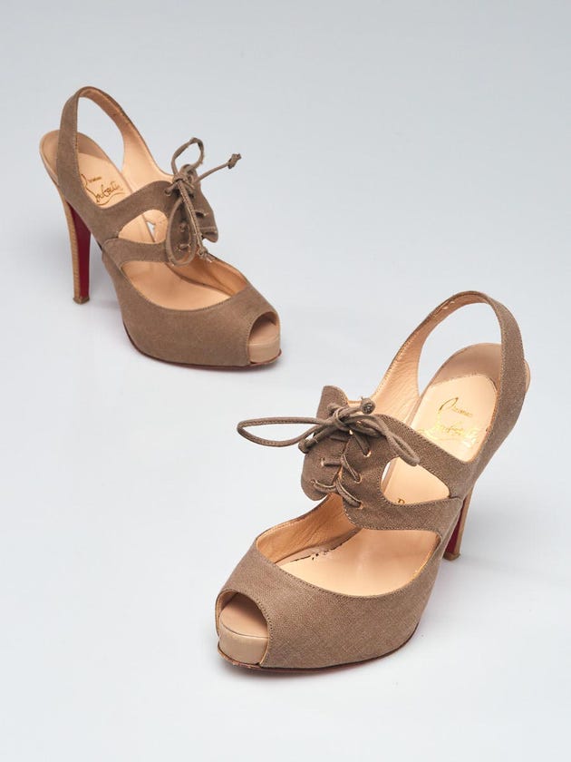 Christian Louboutin Taupe Canvas Circonvolu 120 Platform Slingback Heels Size 4.5/35