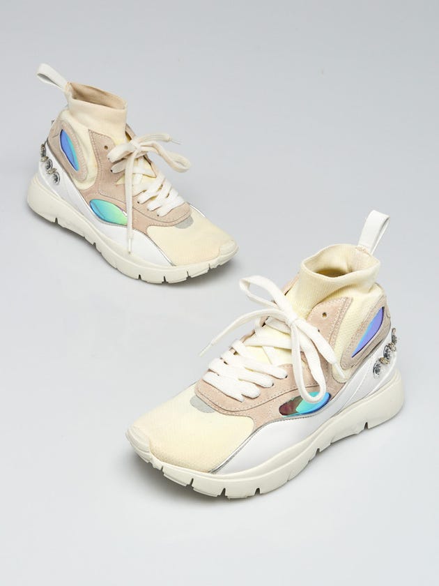 Valentino White Leather and Fabric Crystal Embellished Knit High Top Sneakers Size 5.5/36