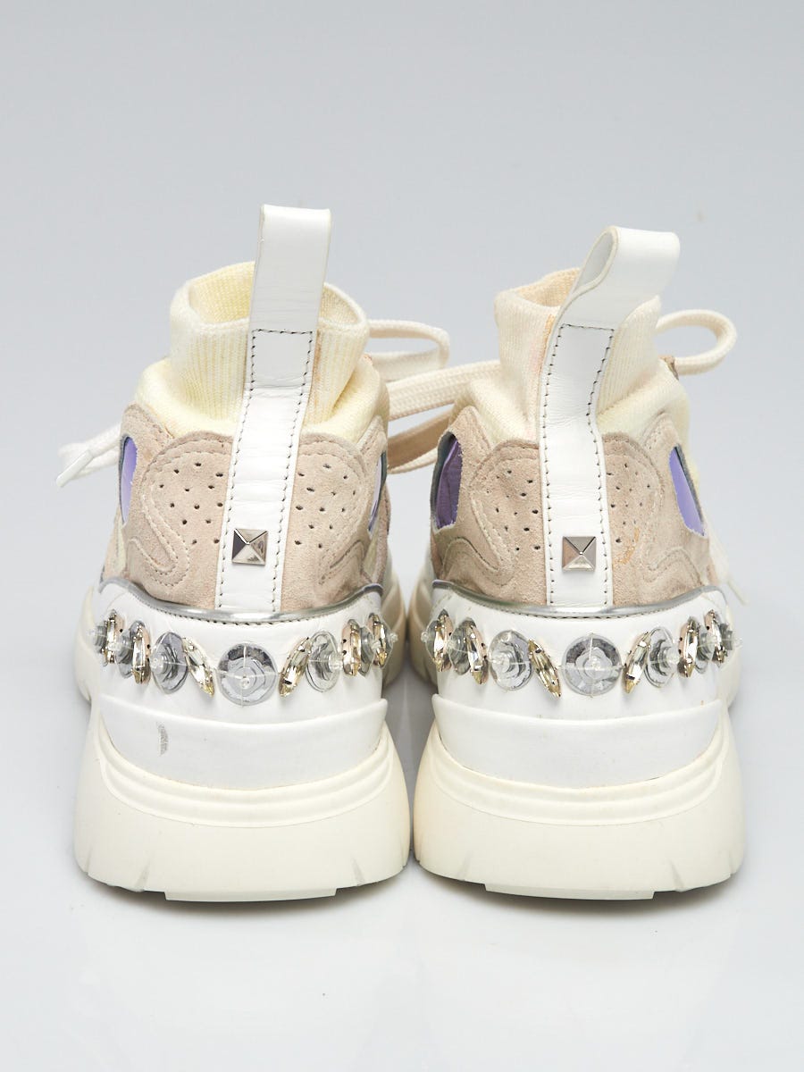 Valentino White Leather and Fabric Crystal Embellished Knit High
