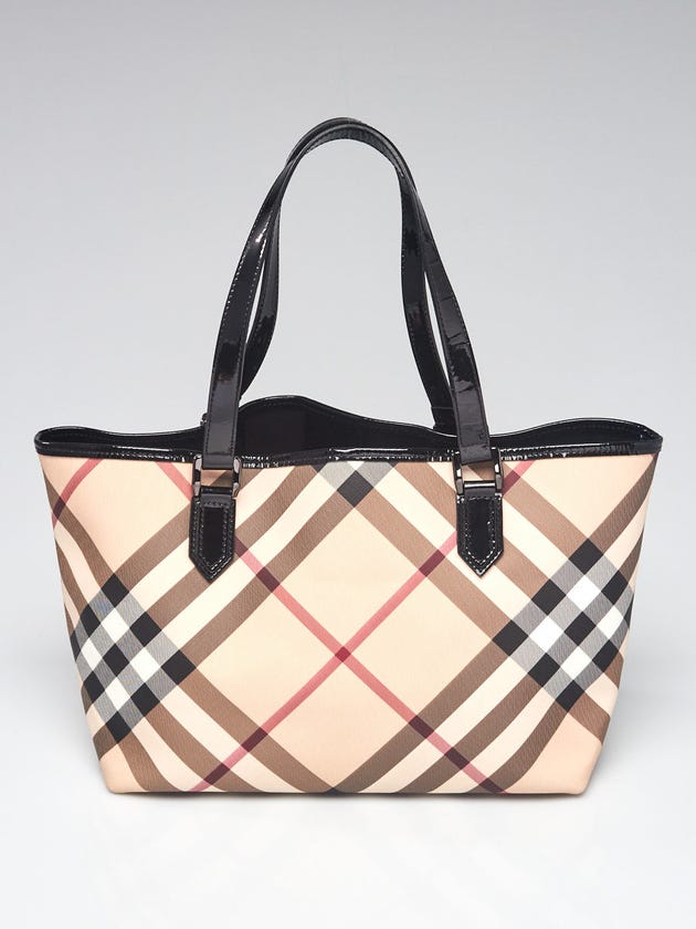 Burberry Black Leather Supernova Check Coated Canvas Nickie Tote Bag
