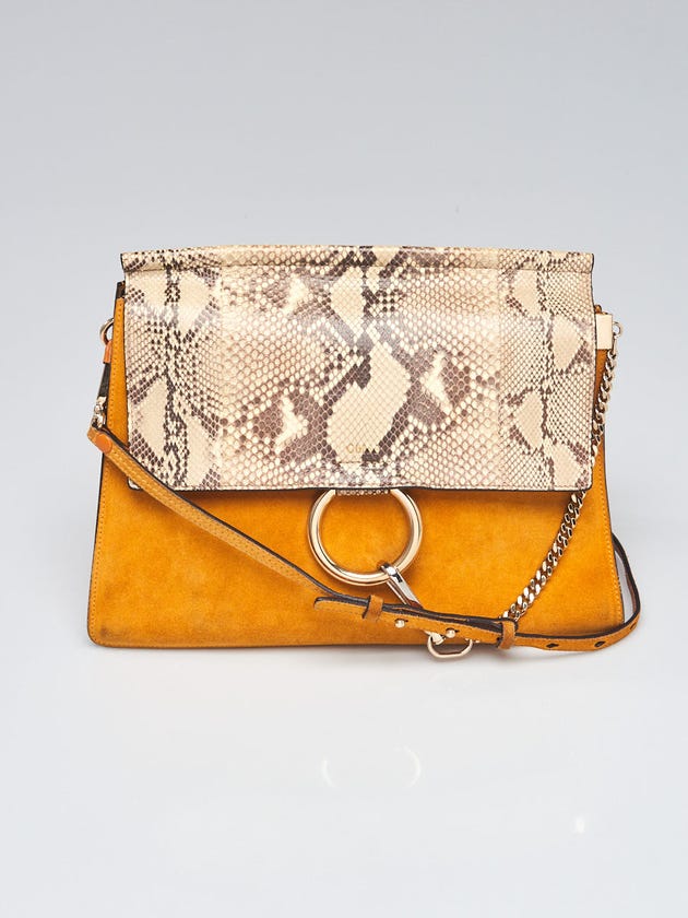 Chloe Yellow/Brown Suede and Snakeskin Medium Faye Shoulder Bag