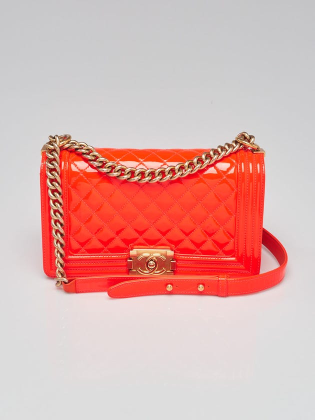 Chanel Orange Fluo Quilted Patent Leather Medium Boy Bag