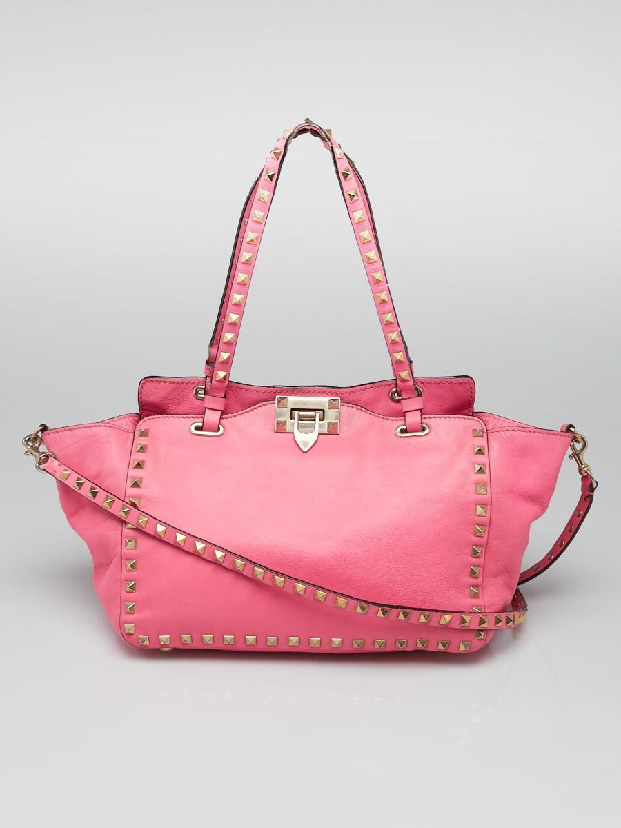 Tap Knurre Watchful Valentino Pink Leather Rockstud Trapeze Small Tote Bag - Yoogi's Closet