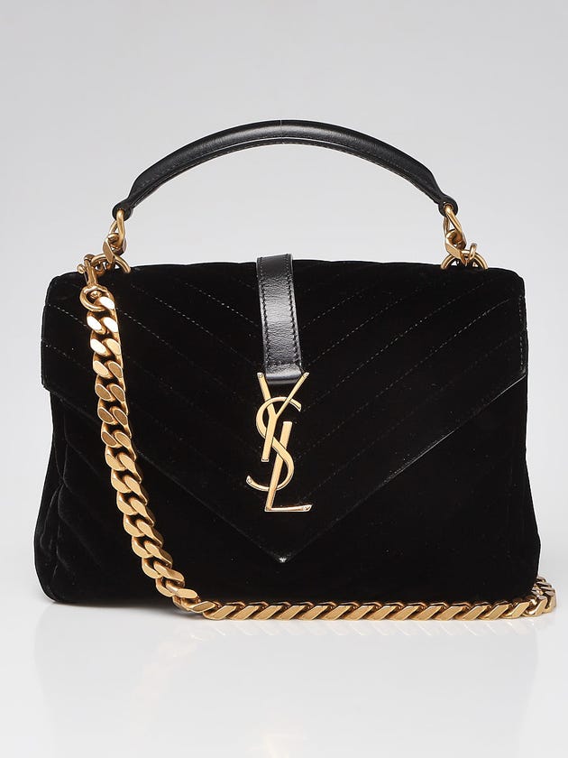 Yves Saint Laurent Black Chevron Quilted Velvet Monogram Medium College Bag