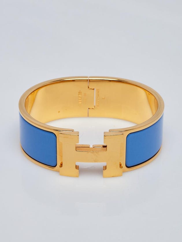 Hermes Paradise Blue Enamel Gold Plated Clic-Clac H PM Wide Bracelet