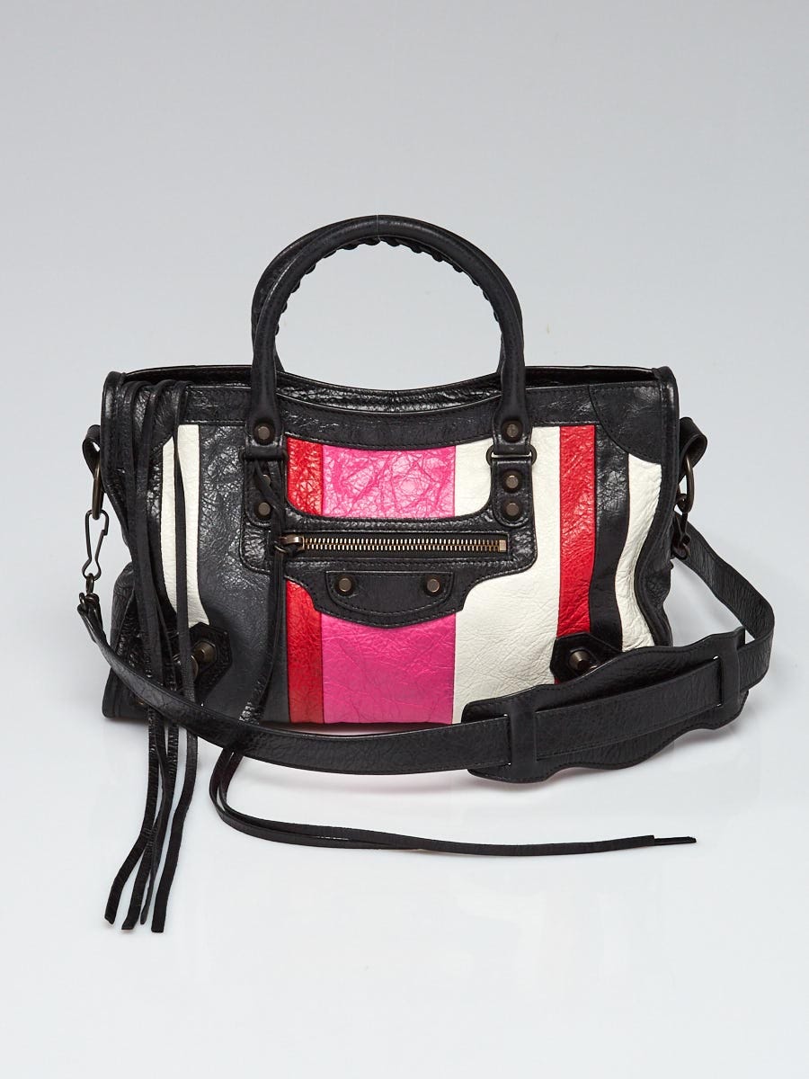 Black Striped Leather Motorcycle City Small Bag - Closet