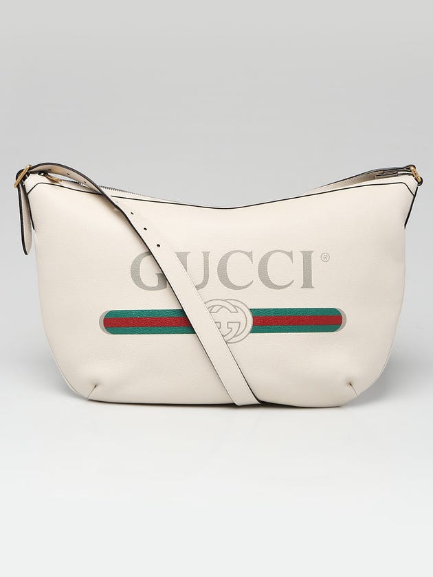 Gucci White Pebbled Leather Logo Print Half Moon Hobo Bag