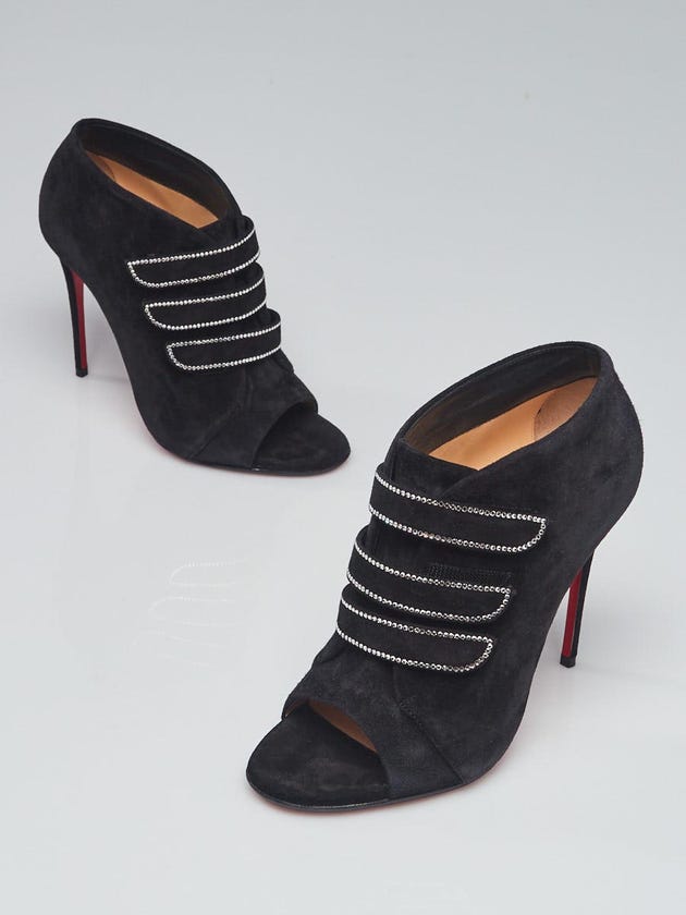 Christian Louboutin Black Suede Crystal Triplica Strass 100 Peep Toe Booties Size 6/36.5