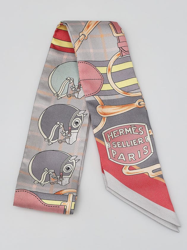 Hermes Grey/Multicolor Silk Helmet Print Twilly