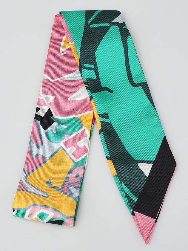 Hermes Menthol/Rose/Jaune Silk Graffiti Print Twilly