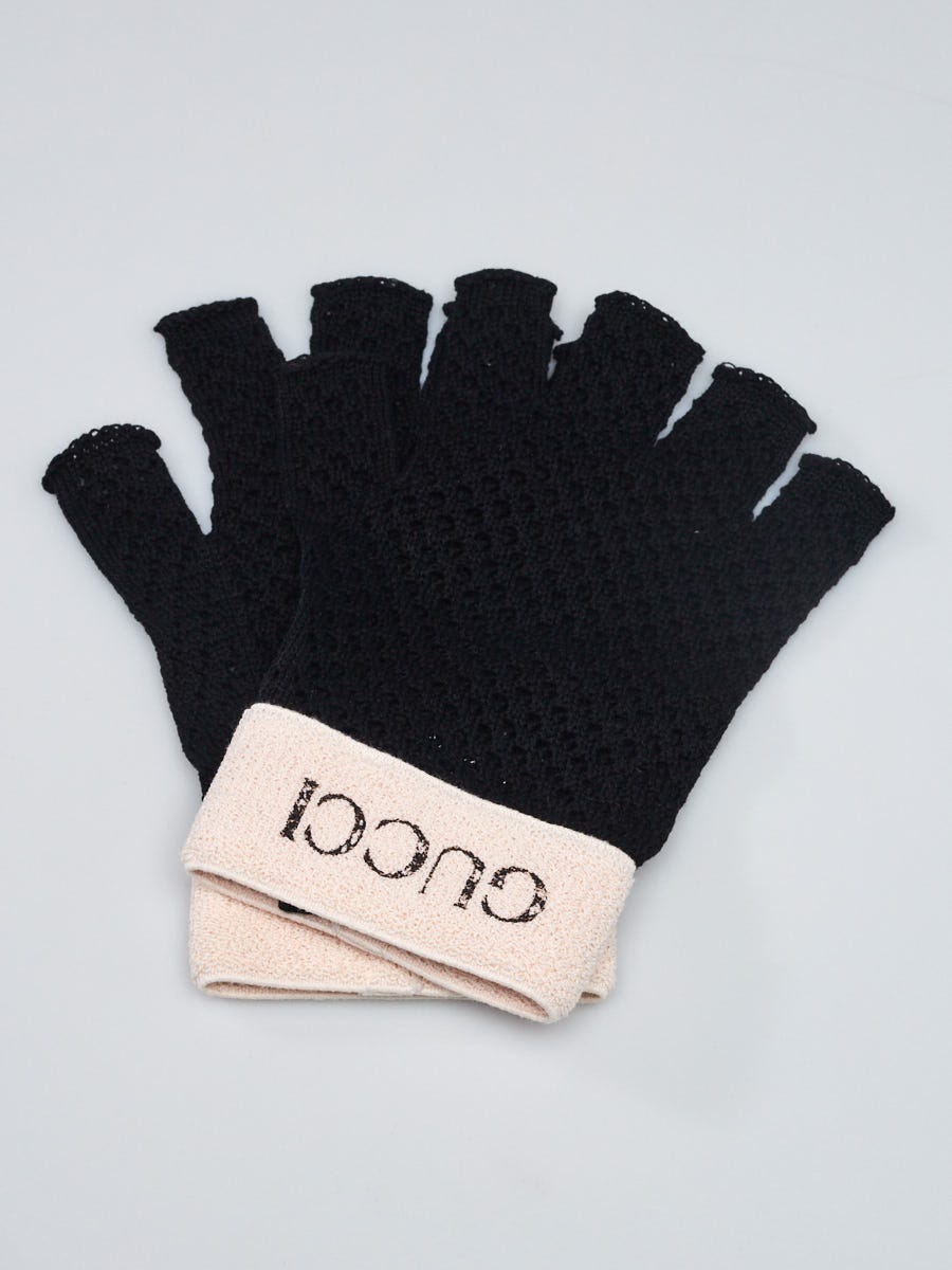 Gucci Black Knit Cotton Logo Fingerless Gloves Size S | Yoogi's Closet
