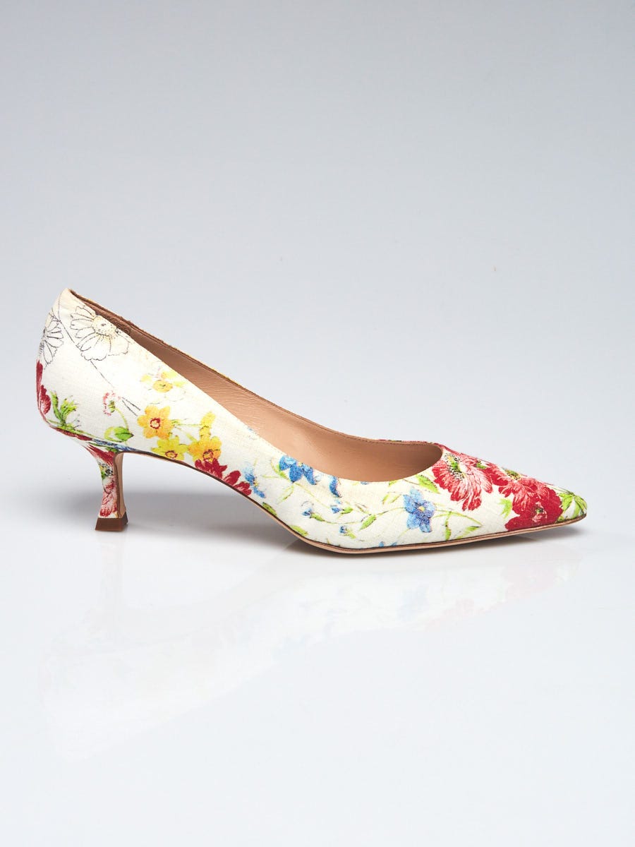 Manolo Blahnik Multicolor Flora Canvas Kitten Heel Pumps