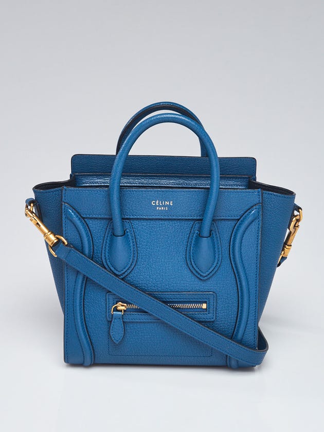 Celine Blue Drummed Leather Nano Luggage Tote Bag
