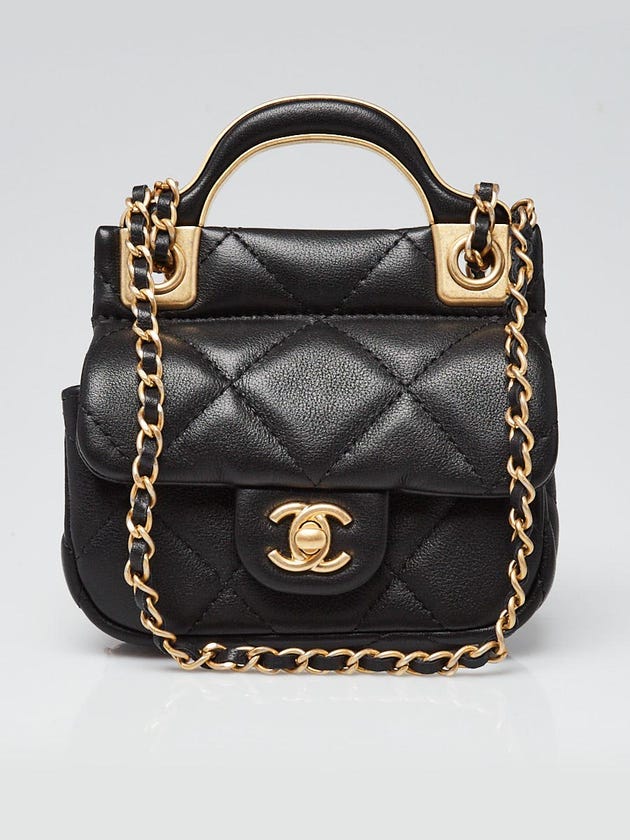 Chanel Black Quilted Lambskin Leather Lady Handle Coin Purse with Chain