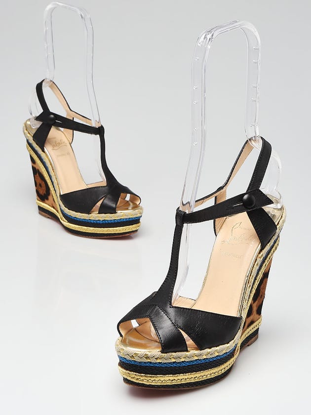 Christian Louboutin Black Leather and Leopard Calf Hair Trotolita 140 Wedges Size 6/36.5